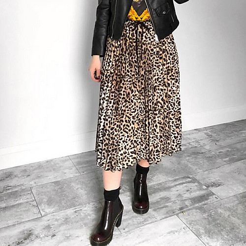 

Women's Daily Wear Basic A Line Skirts - Leopard Pleated / Print Brown Beige S M L