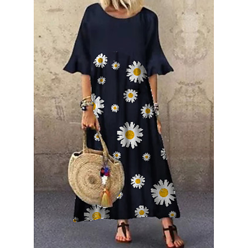 

Women's Shift Dress Maxi long Dress - Half Sleeve Floral Print Summer Casual Daily 2020 Navy Blue M L XL XXL XXXL