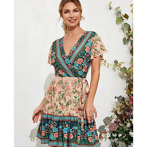 

Women's A Line Dress Knee Length Dress Blushing Pink Short Sleeve Print Summer V Neck Casual Chinoiserie 2021 S M L XL