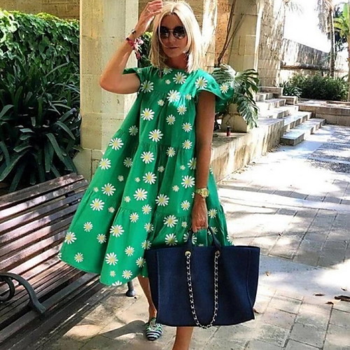 

Women's A Line Dress Midi Dress Green Black Short Sleeve Daisy Floral Fall Round Neck Hot Elegant Slim 2021 S M L XL XXL