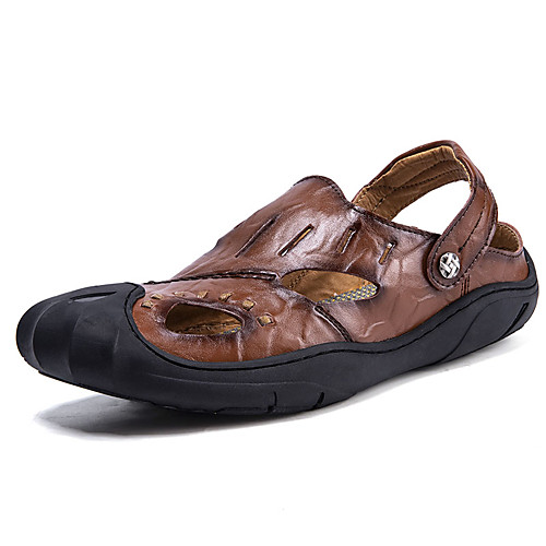 

Men's Summer Casual Daily Sandals Walking Shoes Nappa Leather Breathable Light Brown / Dark Brown / Black