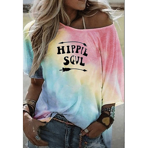 

Women's T shirt Tie Dye Letter Round Neck Tops Purple Yellow Blushing Pink