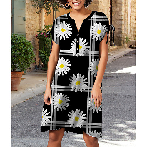 

Women's Shift Dress Knee Length Dress - Short Sleeves Floral Print Summer Casual Daily 2020 Black M L XL XXL XXXL