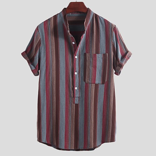 

Men's Striped Shirt - Cotton Tropical Hawaiian Holiday Beach Button Down Collar Standing Collar Red / Yellow / Short Sleeve