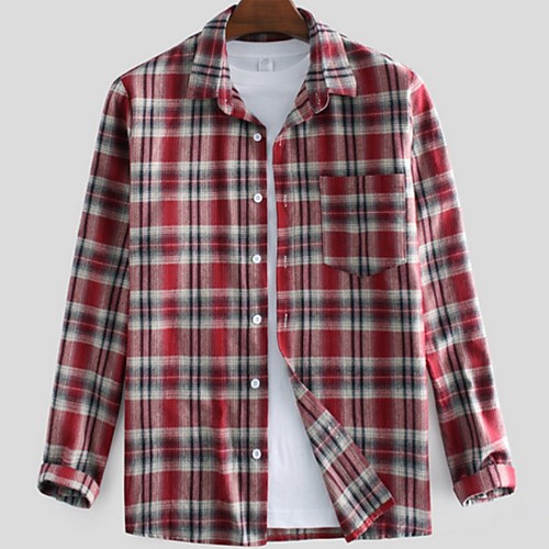 

Men's Plaid Shirt - Cotton Tropical Hawaiian Holiday Beach Button Down Collar Red / Green / Long Sleeve