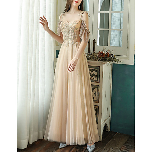 

A-Line Elegant Glittering Wedding Guest Formal Evening Dress Spaghetti Strap Short Sleeve Floor Length Tulle with Sequin 2020