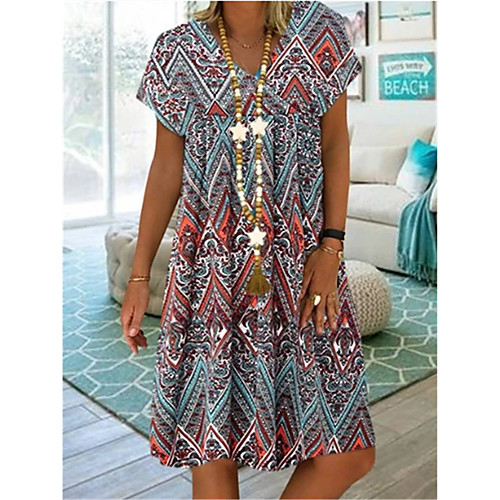 

Women's Plus Size A-Line Dress Knee Length Dress - Short Sleeves Tribal Print Summer V Neck Casual Vacation Loose 2020 Blue Red S M L XL XXL XXXL XXXXL XXXXXL