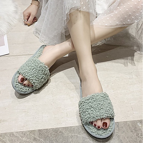 

Women's Slippers & Flip-Flops Fuzzy Slippers Fall / Winter Flat Heel Open Toe Daily Faux Fur Black / Green / Brown