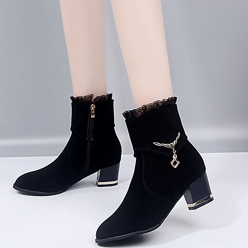 

Women's Boots Summer Chunky Heel Pointed Toe Daily Suede Mid-Calf Boots Black