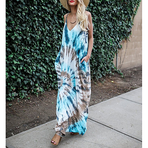 

Women's Maxi Shift Dress - Sleeveless Color Block Summer Strap Elegant Loose 2020 White Blue S M L XL XXL