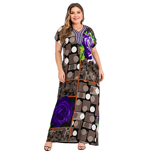 

Women's A-Line Dress Maxi long Dress - Short Sleeves Color Block Summer Casual Mumu 2020 Brown L XL XXL XXXL