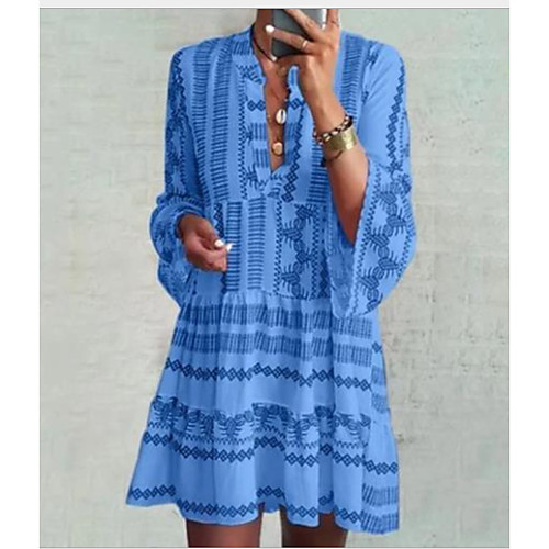 

Women's Shirt Dress - Long Sleeve Geometric Summer Casual 2020 Blue S M L XL XXL