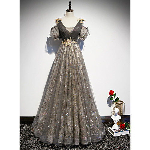 

A-Line Glittering Luxurious Engagement Formal Evening Dress V Neck Short Sleeve Floor Length Tulle with Sequin 2020
