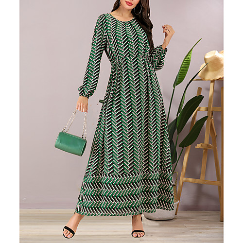 

Women's A Line Dress Maxi long Dress Green Long Sleeve Print Patchwork Fall Summer Round Neck Hot Elegant Boho Going out Lantern Sleeve 2021 M L XL XXL