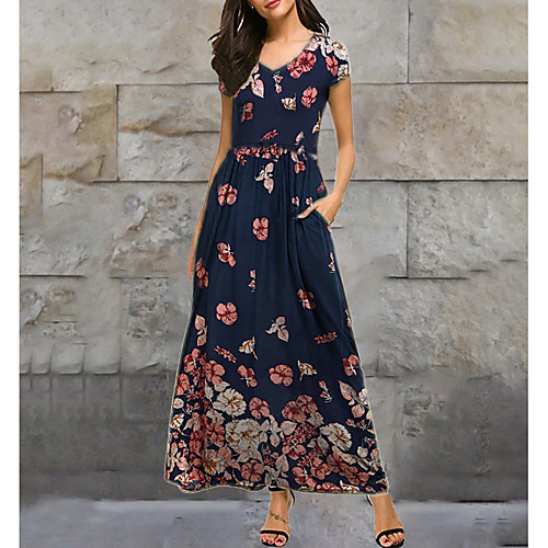 

Women's A-Line Dress Knee Length Dress - Short Sleeves Floral Print Summer Casual Daily 2020 Navy Blue M L XL XXL XXXL