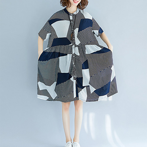 

Women's A Line Dress - Short Sleeves Geometric Spring Summer Boat Neck Vintage Street chic Daily Holiday Loose 2020 Navy Blue L XL / Cotton