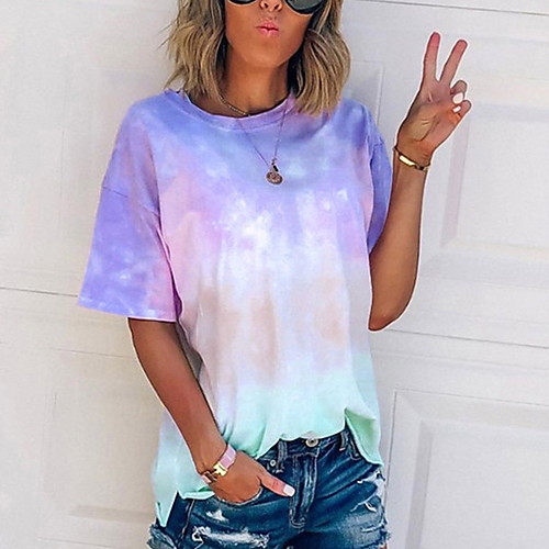 

Women's Tie Dye Round Neck Casual Tops Blue Purple Blushing Pink