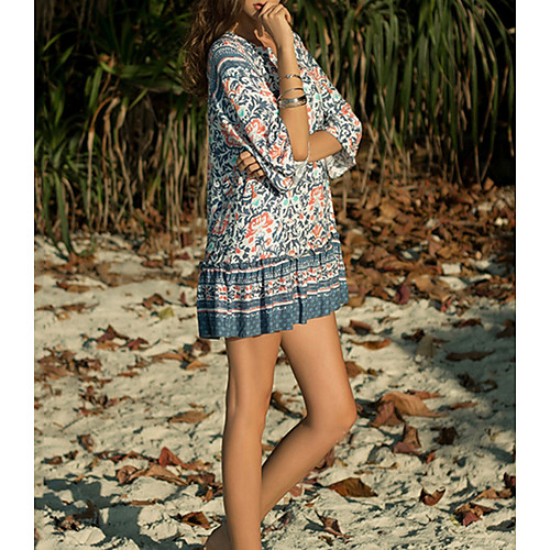 

Women's Shift Dress Short Mini Dress Blue 3/4 Length Sleeve Print Summer Round Neck Elegant Loose 2021 M L XL XXL