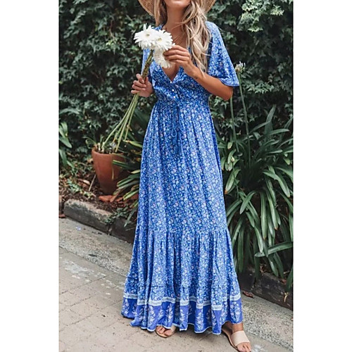 

Women's Maxi Sundress Dress - Short Sleeves Floral Summer V Neck Mumu 2020 Green Royal Blue S M L XL XXL