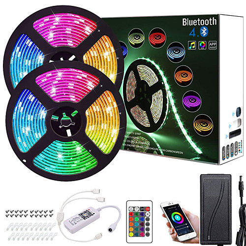 

32.8ft 2x5M App Intelligent Control Bluetooth Music Sync Flexible Led Strip Lights 5050 RGB SMD 300 LEDs IR 24 Key Bluetooth Controller with Installation Package 12V 4A Adapter Kit