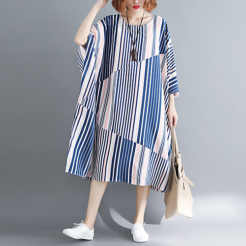 

Women's A Line Dress - Half Sleeve Striped Patchwork Spring Summer Vintage Street chic Daily Weekend Batwing Sleeve Loose 2020 Light Blue One-Size / Cotton