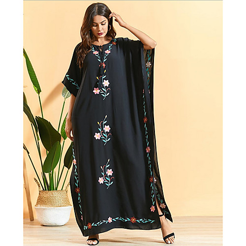 

Women's Sundress Maxi long Dress - Half Sleeve Print Summer Casual Boho 2020 Black Beige One-Size