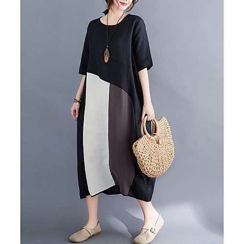 

Women's Sheath Dress - Short Sleeves Color Block Summer Casual Elegant 2020 Black M L XL