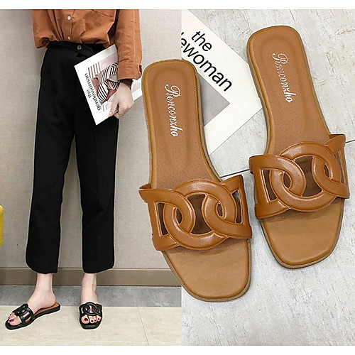 

Women's Sandals Flat Sandal Summer Low Heel Round Toe Daily PU White / Black / Brown