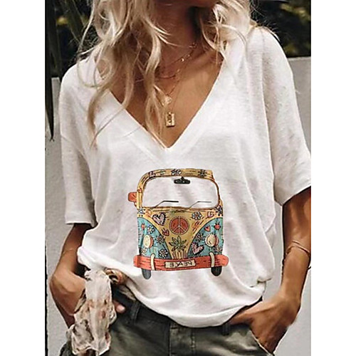 

Women's Cartoon T-shirt Daily V Neck White / Blue / Yellow / Blushing Pink