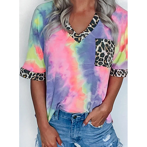 

Women's Leopard Tie Dye Patchwork Print T-shirt Daily V Neck Purple
