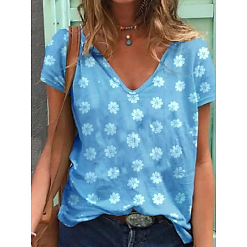 

Women's Floral T-shirt Daily V Neck Blue / Purple / Gray