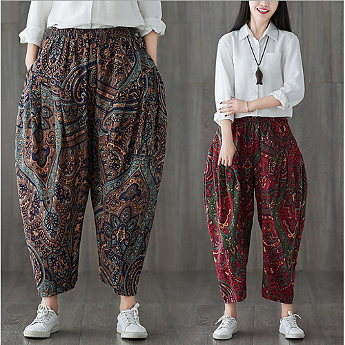 

Women's Basic Loose Harem Pants - Print Red Khaki One-Size