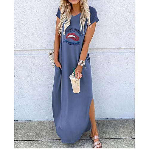 

Women's Maxi Shift Dress - Short Sleeves Letter Spring Summer V Neck Casual 2020 White Black Blue Khaki Green S M L XL