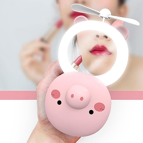 

Beauty for Women Cartoon Pig Portable LED Fill Light Makeup Mirror Fan Bright Adjustable USB Charging Portable Handheld Mini Fan Open Eyes General