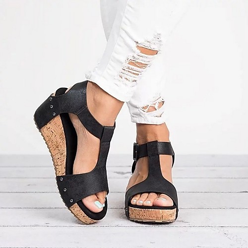 

Women's Sandals Wedge Sandals Summer Wedge Heel Open Toe Daily PU Black / Beige