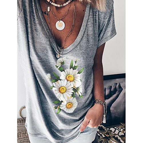 

Women's Floral T-shirt Daily V Neck Gray
