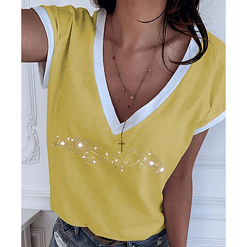 

Women's T shirt Graphic Stars Print V Neck Basic Tops Cotton White Black Yellow