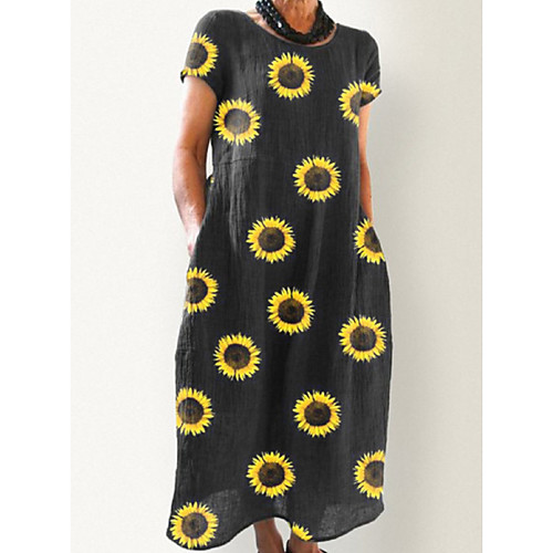 

Women's Shift Dress - Short Sleeves Floral Summer Street chic 2020 Black M L XL XXL