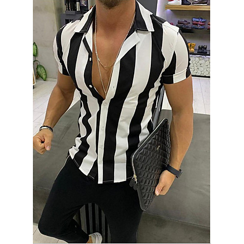 

Men's Striped Shirt Daily Weekend Black / Yellow / Orange / Short Sleeve