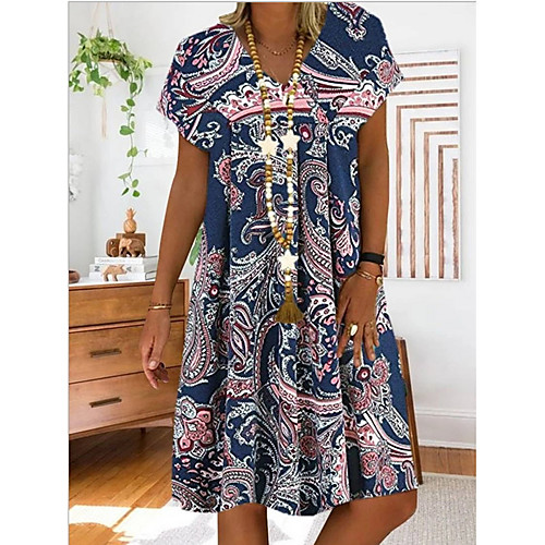 

Women's Shift Dress - Short Sleeves Floral Summer Elegant 2020 Wine Navy Blue Gray Light Blue S M L XL XXL XXXL XXXXL XXXXXL