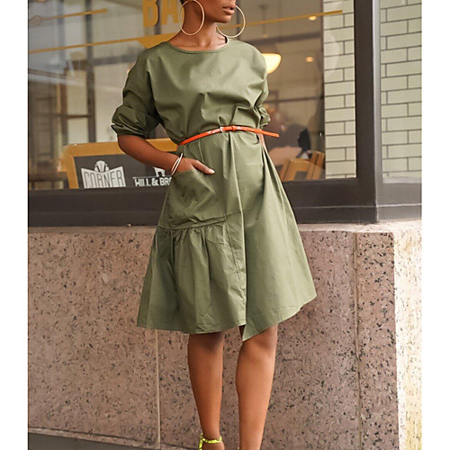 

Women's Knee Length Dress Shirt Dress - Short Sleeves Solid Color Summer Casual Mumu 2020 Black Green S M L XL XXL