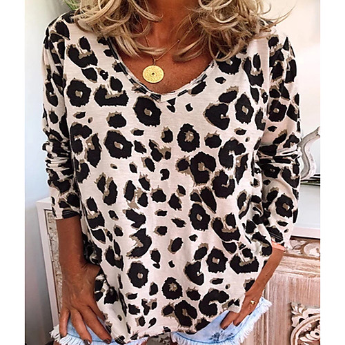 

Women's Leopard T-shirt Daily V Neck Khaki / Brown