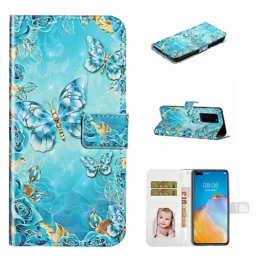 

Case For Huawei P40 / Huawei P40 Pro / Huawei P40 Lite Wallet / Card Holder / with Stand Full Body Cases Blue Butterfly PU Leather / TPU for Huawei PSMART Z / Y5 2019 / Y6 2019