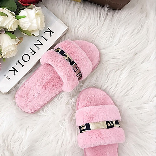 

Women's Slippers & Flip-Flops Fuzzy Slippers Fall / Winter Flat Heel Open Toe Daily Faux Fur White / Black / Pink