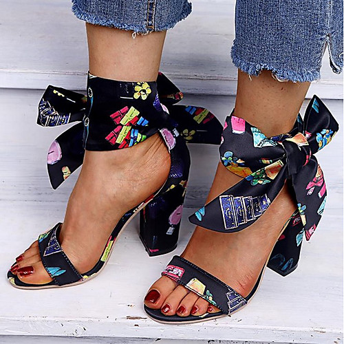 

Women's Sandals Summer Block Heel Open Toe Daily Satin Black / Beige