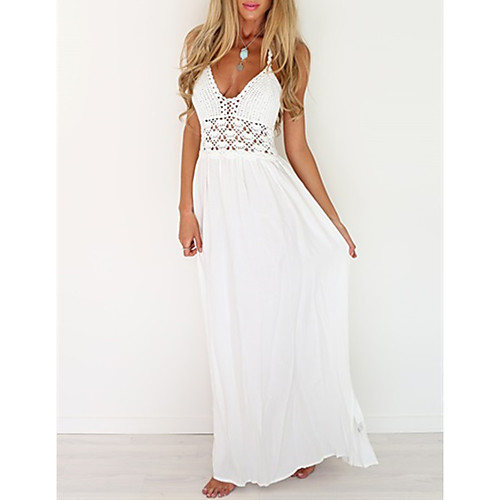 

Women's Maxi Lace Dress - Sleeveless Solid Color Backless Mesh Spring V Neck Casual Street chic Holiday Beach 2020 White S M L XL