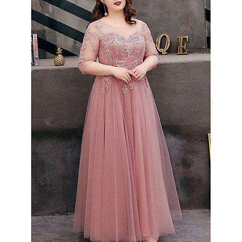 

A-Line Cut Out Plus Size Prom Formal Evening Dress Jewel Neck Half Sleeve Floor Length Tulle with Embroidery 2020