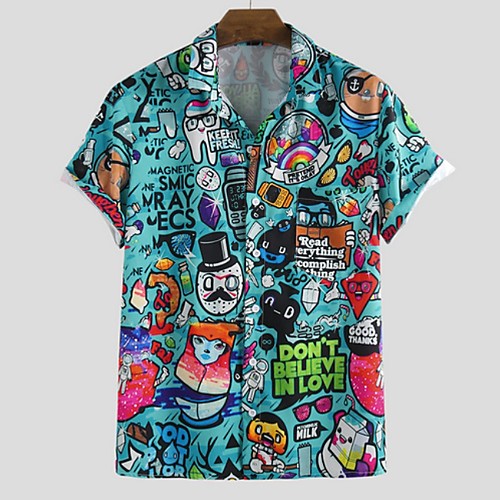 

Men's Cartoon Shirt - Cotton Tropical Hawaiian Holiday Beach Button Down Collar Blue / Light Blue / Short Sleeve