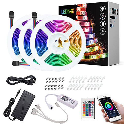 

15M(3x5M) LED Light Strips RGB Tiktok Lights App Intelligent Control Bluetooth Music Sync Waterproof Flexible 5050 SMD 450 LEDs IR 24 Key Bluetooth Controller with Installation Package 12V 6A Adap