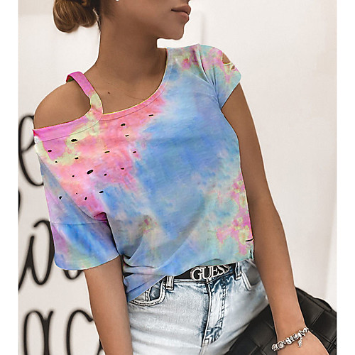 

Women's T shirt Tie Dye Cut Out One Shoulder Tops Cotton Blue Blushing Pink Orange